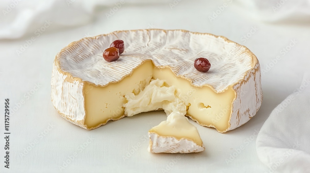 round of camembert cheese with cracked rind revealing creamy center set on white background with generous copy space round of camembert cheese with cracked rind revealing creamy center set on white background with generous copy space