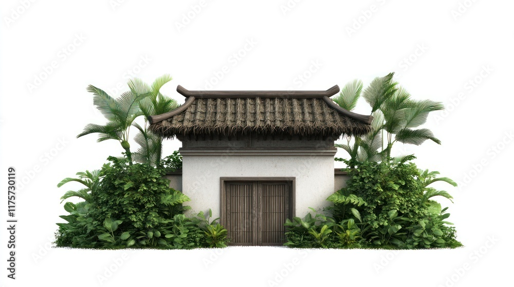 A serene small building surrounded by lush tropical plants. A serene small building surrounded by lush tropical plants.