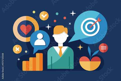 This graphic creatively showcases a person engaged in communication, with elements representing goals and progress, A subtle and elegant graphic representing the art of persuasion in marketing