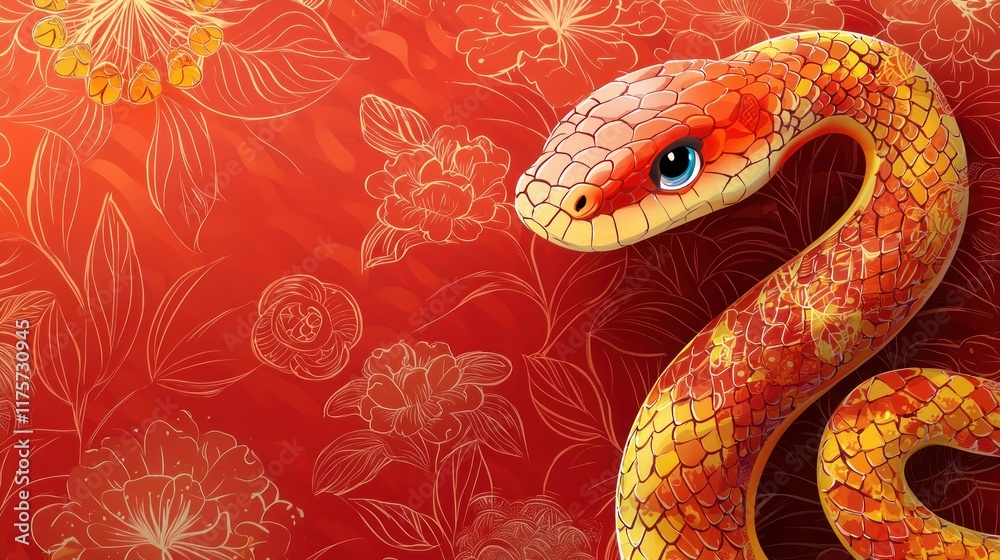 Fototapeta premium Vibrant Illustration of a Colorful Snake Surrounded by Floral Patterns on a Red Background, Ideal for Nature and Wildlife Themes