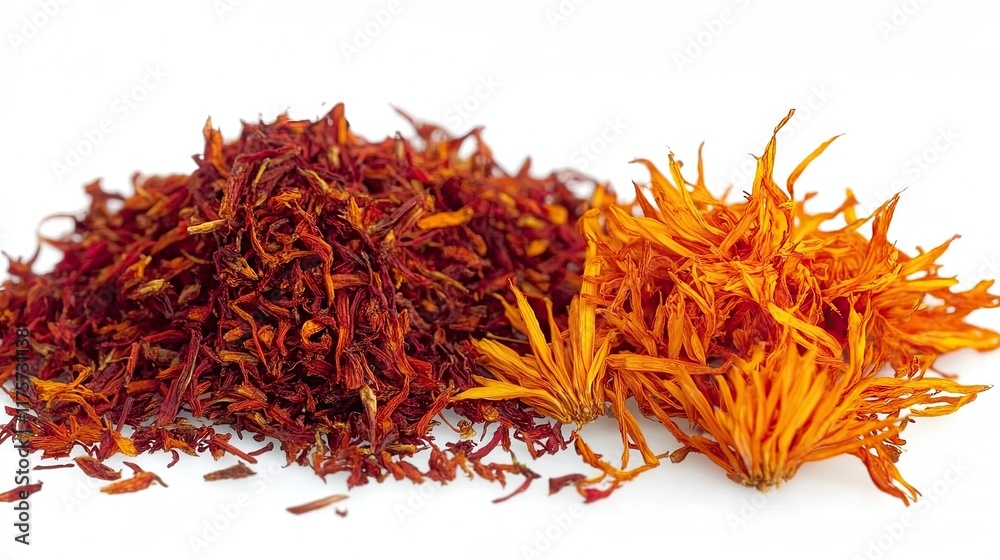Naklejka premium Vibrant Saffron and Marigold Petals Showcasing Their Rich Colors and Textures on a Bright Background