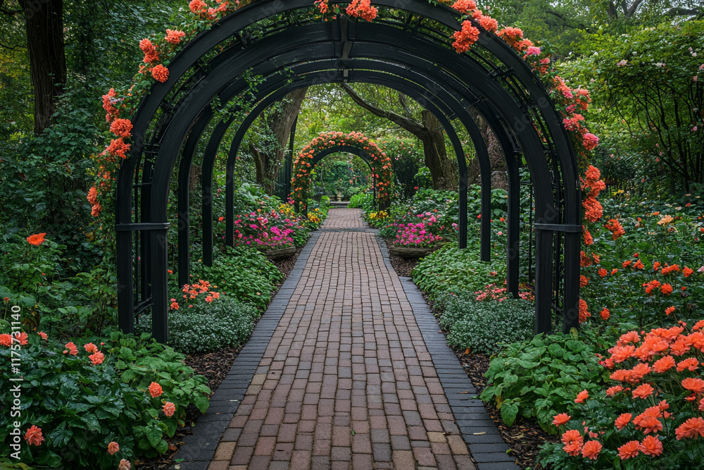 Obraz premium Flower covered archway leads to a brick garden path