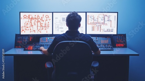 Engineer Working at Control Panel with Triple Monitor Display Showing Complex Technical Diagrams photo