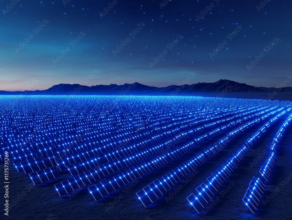 Fototapeta premium A glowing solar farm at night, featuring rows of blue solar panels under starry sky