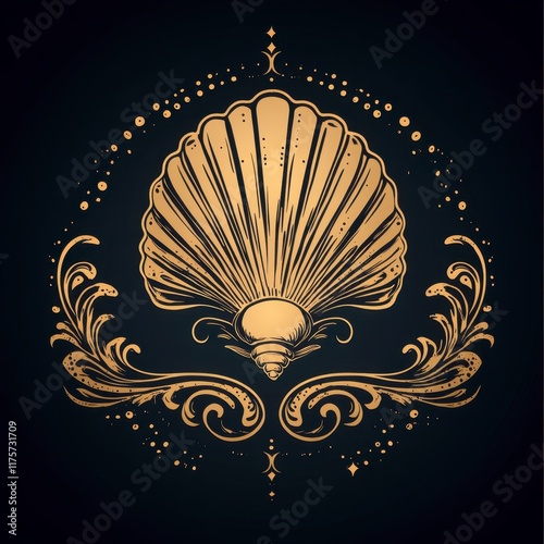 Golden seashell emblem with ornate frame. photo