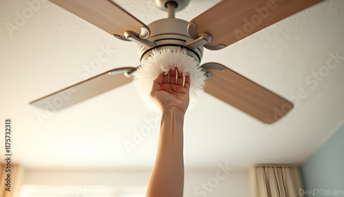 House cleaning routine with a fluffy duster reaching a ceiling fan in hard-to-reach areas