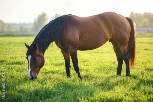 serene view of horse grazing in green field sunlight soft and golden with clear copy space photo