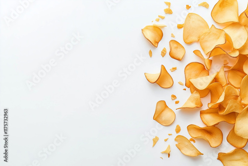 Crispy golden potato chips scattered on a pristine white background, isolated with clipping path, high-resolution, sharp focus, full depth of field