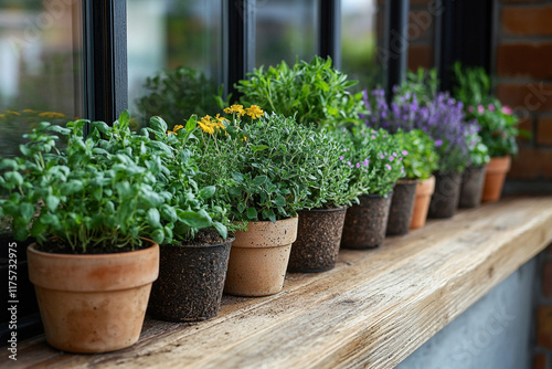 Wallpaper Mural A windowsill garden with various potted herbs and flowers Torontodigital.ca