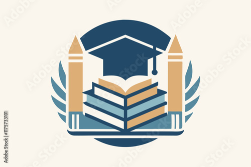 A refined logo showcases stacked books, a graduation cap, and creative pencil elements, symbolizing education, A subtle, sophisticated logo incorporating symbols of higher education