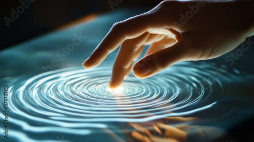 A hand is touching the surface of a touch screen, with ripples visible on its surface. photo