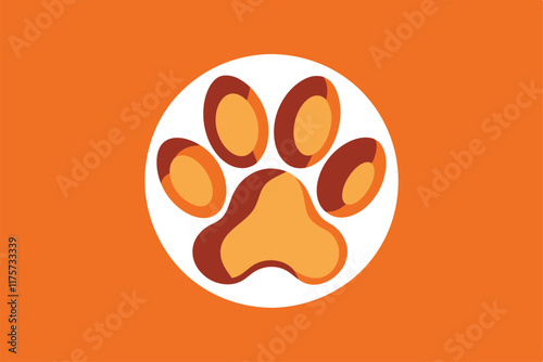 This graphic features a stylized paw print centered within a circular design on a vibrant orange background, A symbol for a pet adoption agency with a simplified paw print design