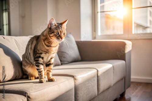 Wallpaper Mural Cats exploring: Bengal cat sitting on a couch by the window during golden hour, warm sunlight, domestic feline, cozy home Torontodigital.ca