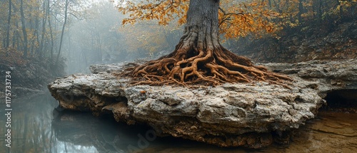 Massive tree root system revealed in eroded riverbank with autumn foliage photo