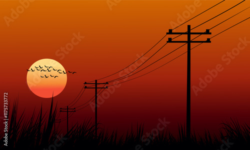 Power lines in red sunset