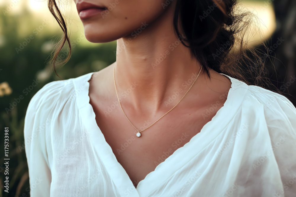Highlighted view of a simple yet elegant gold necklace with a small diamond pendant, worn by a model in a white blouse. Highlighted view of a simple yet elegant gold necklace with a small diamond pendant, worn by a model in a white blouse.