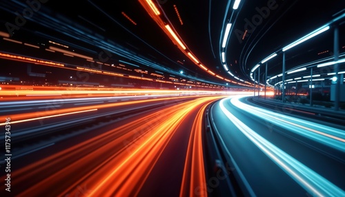 Abstract urban road scene at night. Light trails from fast-moving vehicles create dynamic streaks of orange, light blue. Road curves through tunnel-like structure. High-speed motion, data transfer
