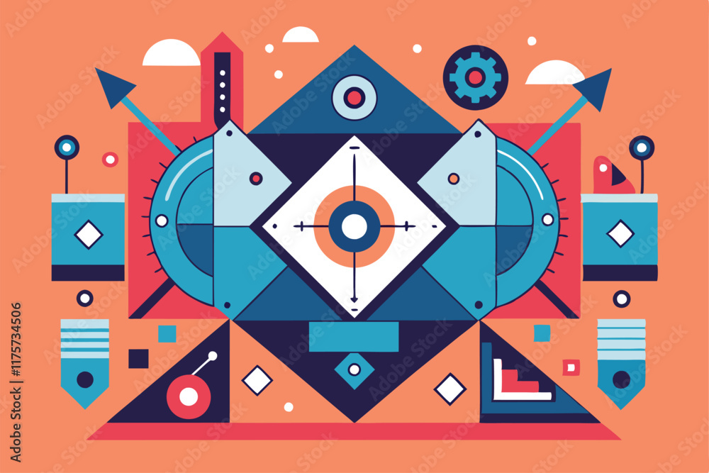 Fototapeta premium Colorful abstract shapes create a balanced composition symbolizing harmony and unity in design, A symmetrical layout symbolizing harmony and precision in technology