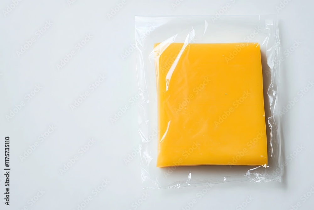 single slice of processed cheese wrapped in transparent film placed on clean white surface with ample copy space