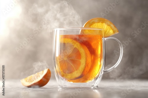 Hot punch made from wine, rum, fruit juice, honey, hot water and spices photo