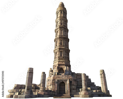 Towering Qutub Minar Surrounded by Ancient Ruins on transparent background photo