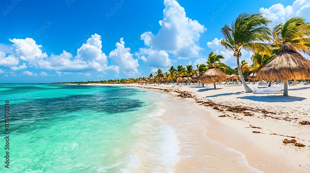 Naklejka premium Idyllic Tropical Beach with Turquoise Waters and Swaying Palm Trees