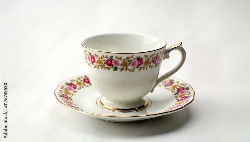White porcelain teacup, saucer with decorative floral pattern, gold trim. Elegant vintage style tableware. Perfect for romantic afternoon tea setting. Classic design perfect for traditional cafe home White porcelain teacup, saucer with decorative floral pattern, gold trim. Elegant vintage style tableware. Perfect for romantic afternoon tea setting. Classic design perfect for traditional cafe home