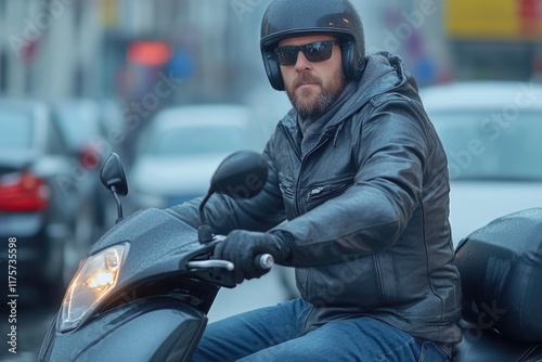 A man dressed warmly in a leather jacket and helmet rides a scooter on a rainy city street, surrounded by blurred cars and a bustling urban atmosphere