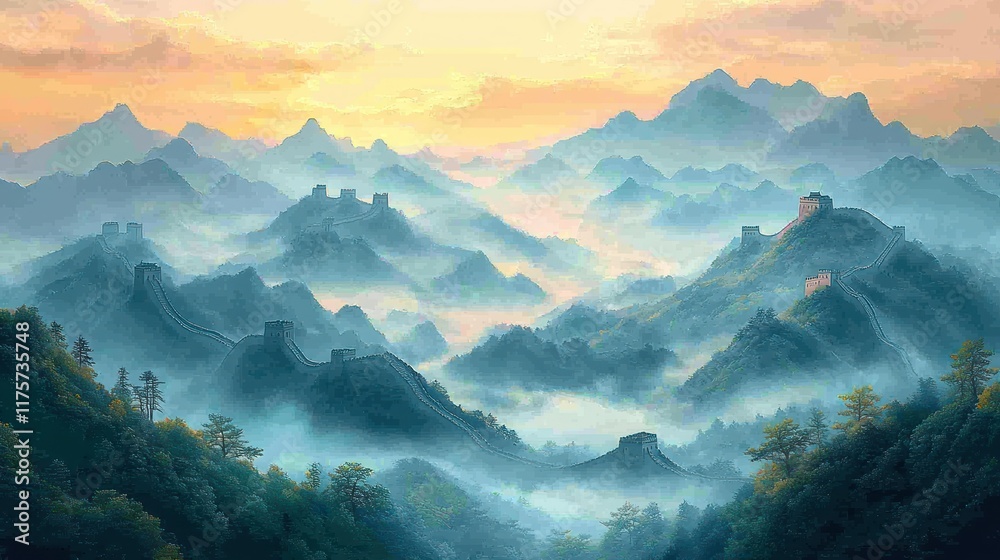 Fototapeta premium Misty Great Wall of China at Sunrise