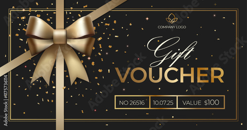 Elegant gift voucher with golden bow on dark background. Luxury gift voucher. Template for gift card, coupon. Promo or flyer offer