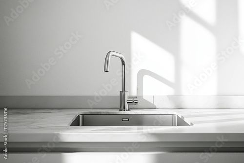 Minimalist kitchen featuring an undermount sink and a brushed steel faucet, surrounded by pristine marble countertops. photo