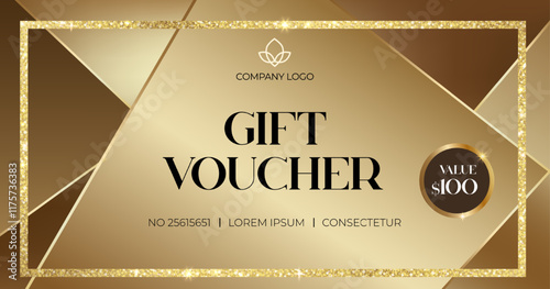 Elegant gift voucher with golden elements. Luxury gift voucher. Template for gift card, coupon. Promo or flyer offer