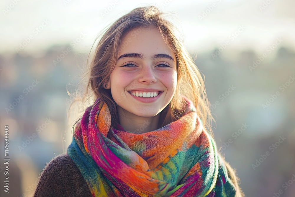 smiling young woman wearing colorful scarf standing against softly blurred urban background