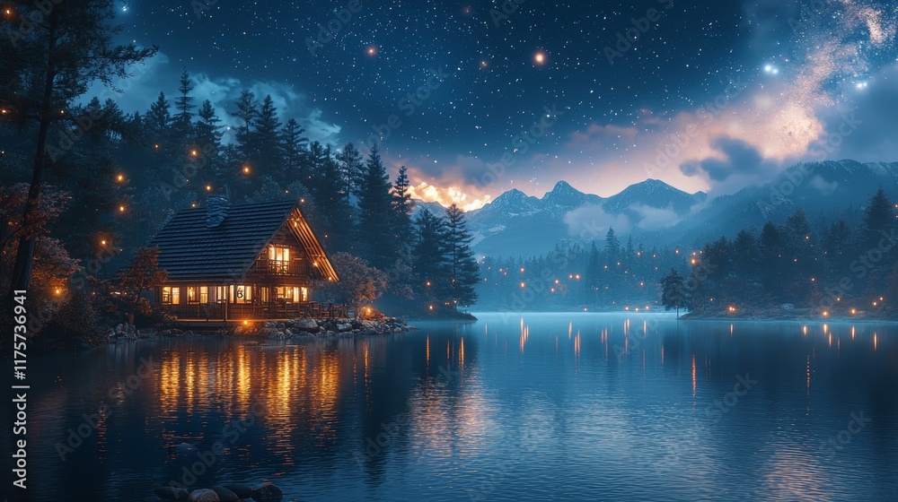 Northern lights over tranquil lake with cozy cabin in serene mountain landscape Northern lights over tranquil lake with cozy cabin in serene mountain landscape