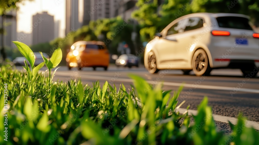 Lush Green Grass Beside Busy City Street with Blurred Cars in Background Lush Green Grass Beside Busy City Street with Blurred Cars in Background