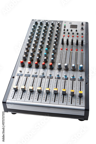 Professional audio mixer with multiple channels and controls for sound mixing in a music studio setting. Cut out photo