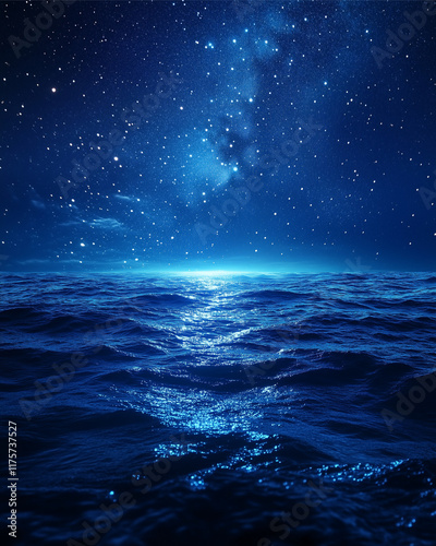 Celestial Sea at Night: A mesmerizing view of a tranquil ocean under a breathtaking night sky, adorned with countless stars and a luminous Milky Way. The scene evokes serenity and wonder.  photo