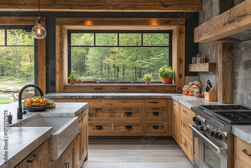 Rustic Kitchen Design Featuring Large Window and Wood Accents photo