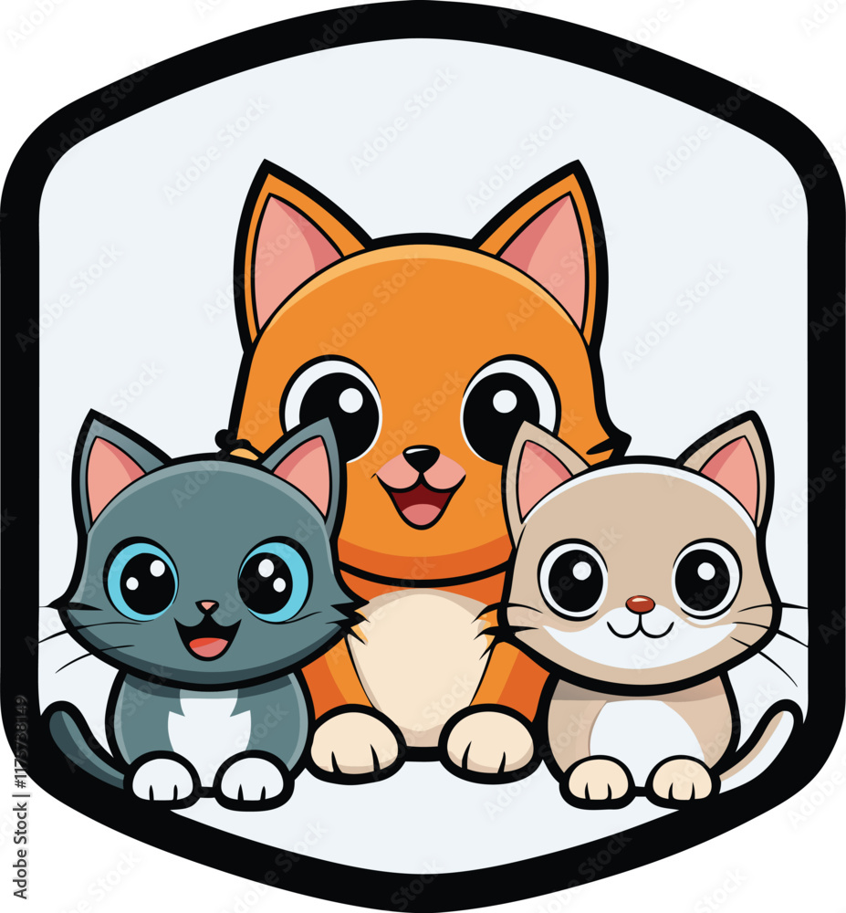 Obraz premium Three adorable kittens in cartoon style sitting together inside a shield shaped frame. 