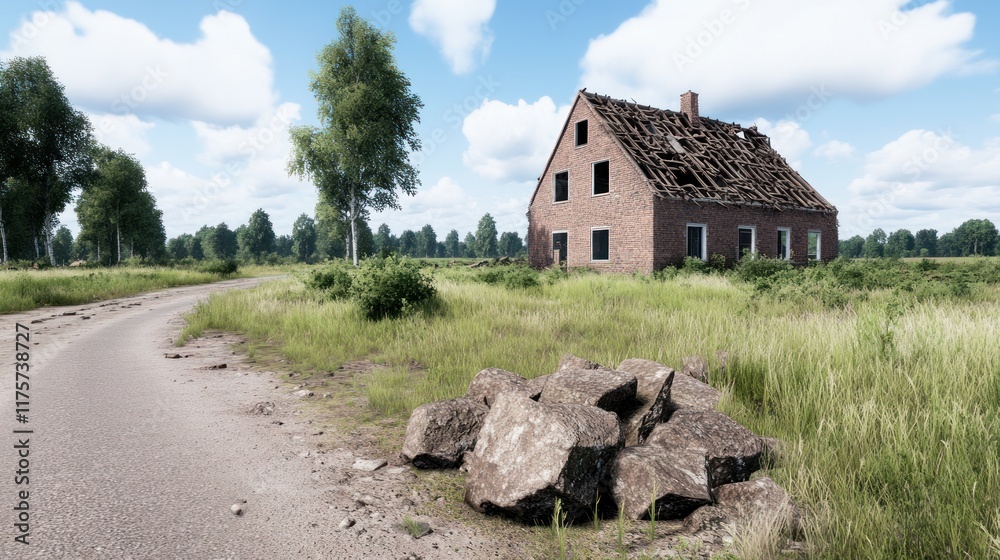 Abandoned house beside a gravel road in a rural landscape. Abandoned house beside a gravel road in a rural landscape.