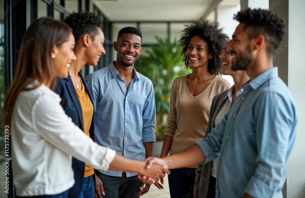 Multiethnic colleagues meet in office corridor. Friendly businesspeople greet each other. Handshake shows cooperation. Modern office environment. Diverse team shares pleasant moments. Multiethnic colleagues meet in office corridor. Friendly businesspeople greet each other. Handshake shows cooperation. Modern office environment. Diverse team shares pleasant moments.
