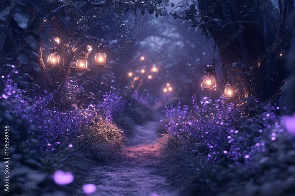 Enchanting path through a mystical forest at twilight, illuminated by hanging lanterns and glowing purple flowers. Enchanting path through a mystical forest at twilight, illuminated by hanging lanterns and glowing purple flowers.