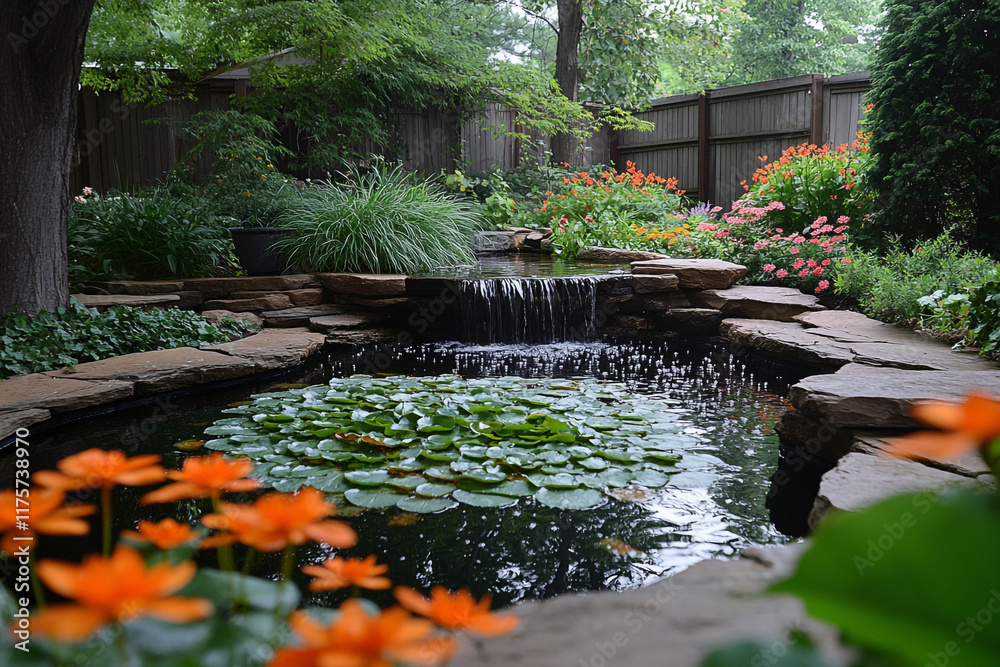 Fototapeta premium Serene Backyard Pond Waterfall Garden Oasis