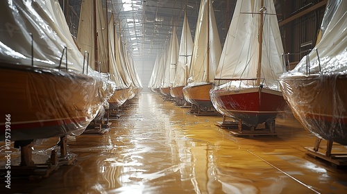 Sailboats stored indoors in warehouse for winter. photo