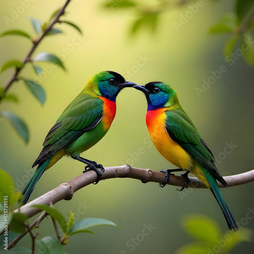 OliveBacked Sunbirds feeding the child Cinnyris Jugularis photo