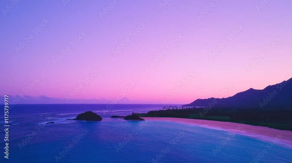 Obraz premium Serene Coastal Sunset Landscape Ocean Beach and Mountain Silhouette