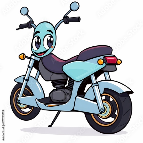 Blue Motorcycle Cartoon Mascot:  A playful blue cartoon character riding a motorcycle, showcasing a charming and cheerful persona.   photo