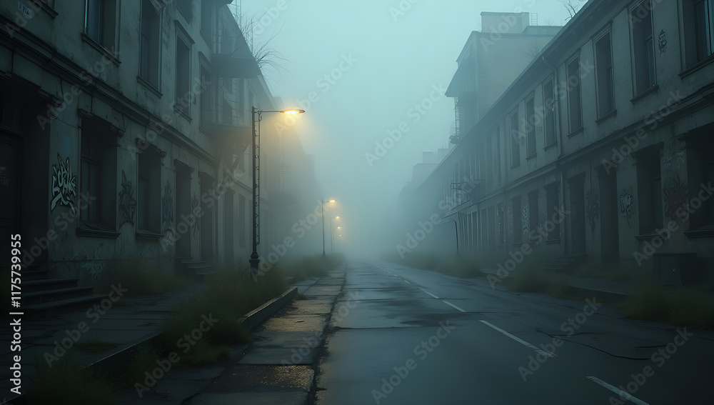 Obraz premium Fog-Shrouded Abandonment: City in Decay