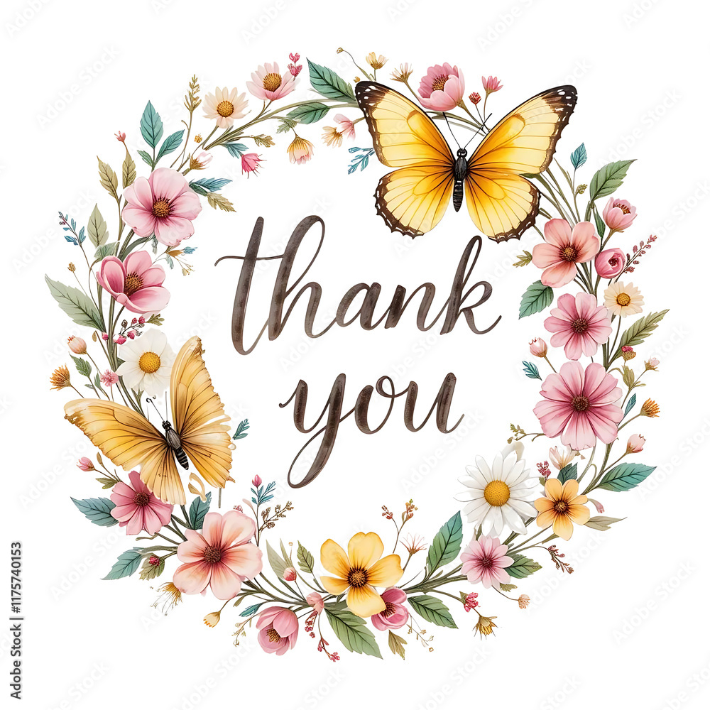 Floral wreath and Yellow butterflies with Thank you text Floral wreath and Yellow butterflies with Thank you text