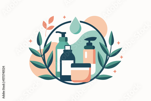 Abstract design illustrating a skincare routine with product bottles and natural elements, Abstract representation of a skincare routine, minimalist simple modern vector logo design